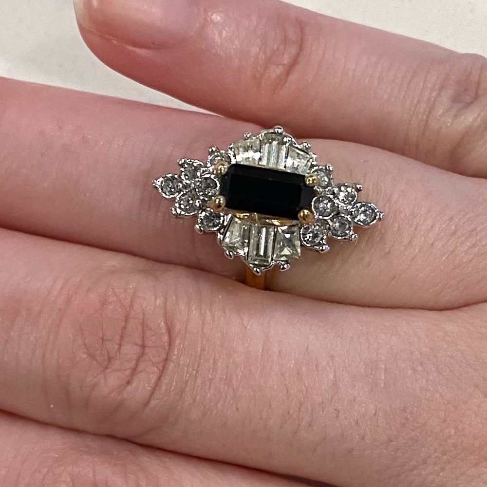 Gold-Tone Black Crystal Halo Cocktail Ring